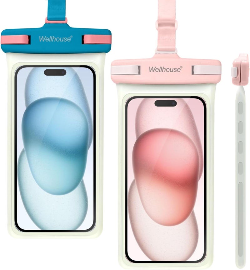 Wellhouse Waterproof Phone Pouch, Waterproof Phone Case for iPhone 16 15 14 13 12 Pro Max XS Samsung, IPX8 3D Cellphone Dry Bag Beach Essentials (2 Pack - Luminous Blue & Pink7.0, 7 inch) - Image 1